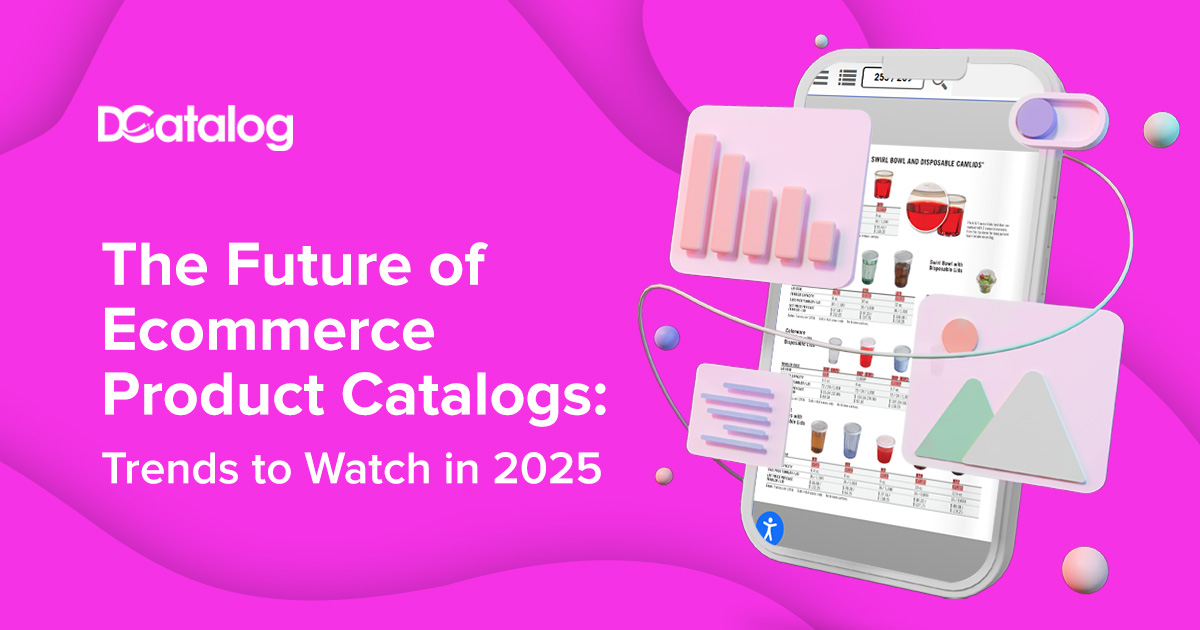 Graphic showing a mobile ecommerce product catalog with text The Future of Ecommerce Product Catalogs: Trends to Watch in 2025 by DCatalog