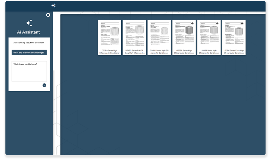 Smart Doc AI Assistant answering questions from technical product specification documents for air conditioners.