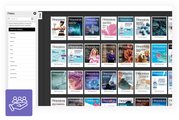 HR document library displayed in DCatalog flipbook viewer with filters for policies, benefits, and training content.