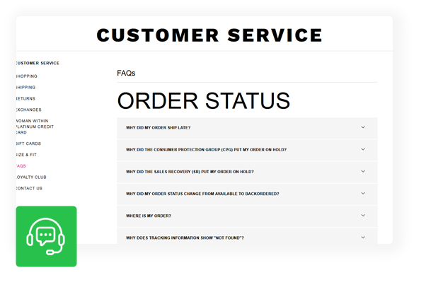 Customer service FAQ page displayed in DCatalog viewer showing order status questions for customer support teams.