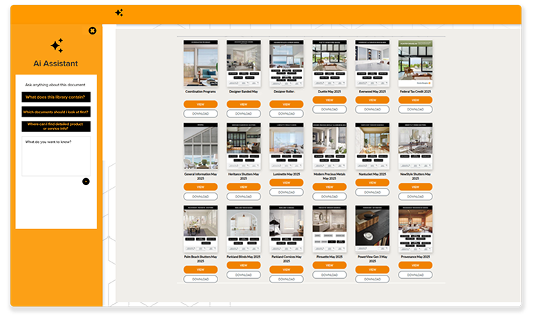 Smart Doc AI interface showing AI Assistant chat with a searchable digital document library of product catalogs and design resources.