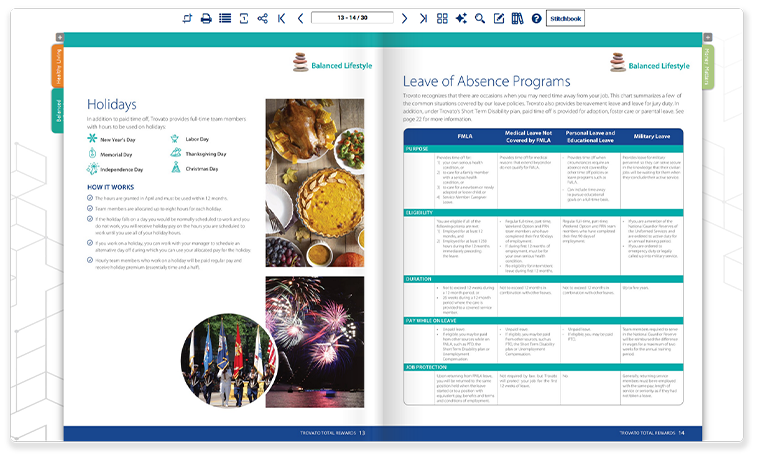 Example HR handbook displayed in DCatalog flipbook viewer showing company holidays and leave of absence policies.