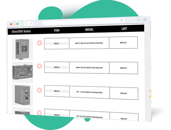 Catalog template designed for price lists and quick-reference product guides with item images, models, and pricing.