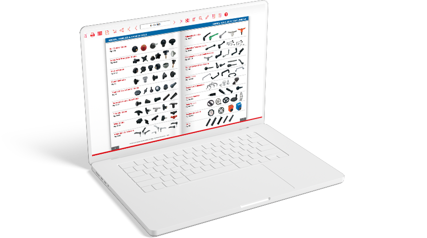 Automated catalog production process displayed on a laptop screen with a digital product catalog interface.