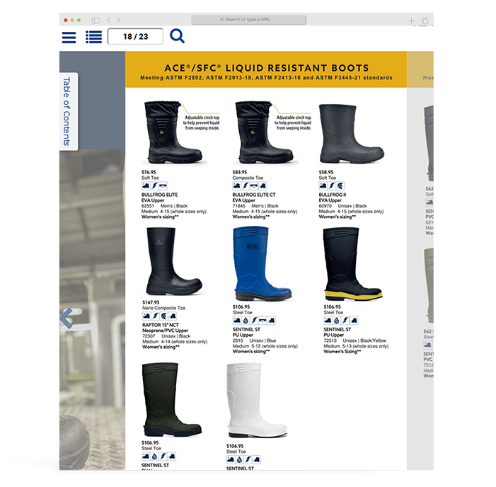 Business and sales catalog template showcasing liquid-resistant work boots with pricing and product details.