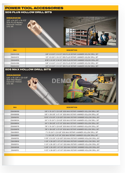 Example of a stock sheet template for industrial tools with SKU numbers, product descriptions, and images in chart format