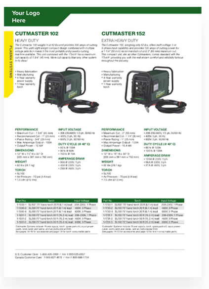 Example of a sales sheet template featuring machinery specifications, product images, and detailed technical data