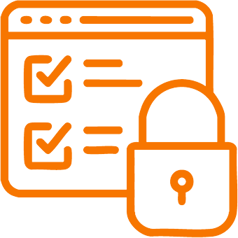Line art icon of a secure checklist and padlock representing protected inventory sheets and controlled data access.