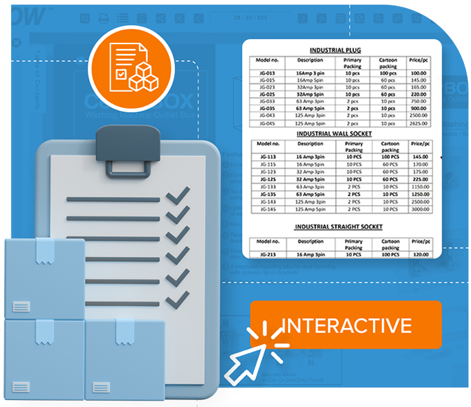 Interactive inventory sheet with checklist, product list, and digital management icon.
