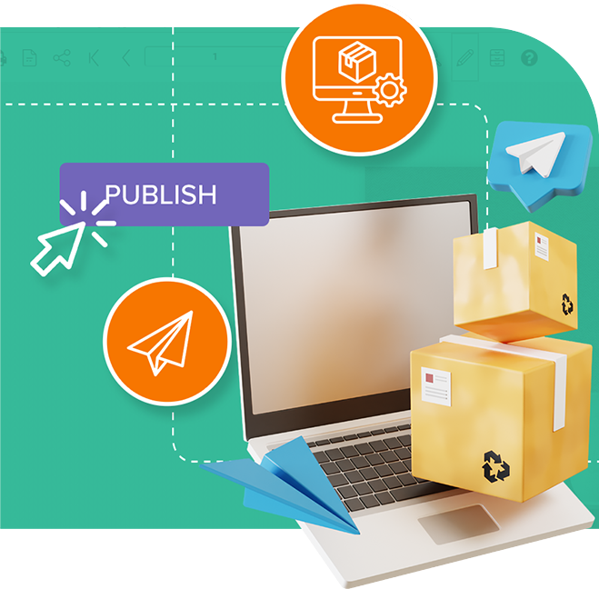 Laptop with publish button and packages symbolizing digital inventory sheet sharing.