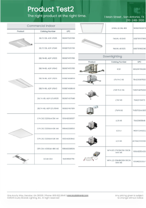 Sample digital inventory sheet template showing product images, item names, catalog numbers, and UPC codes for commercial lighting and downlighting products.