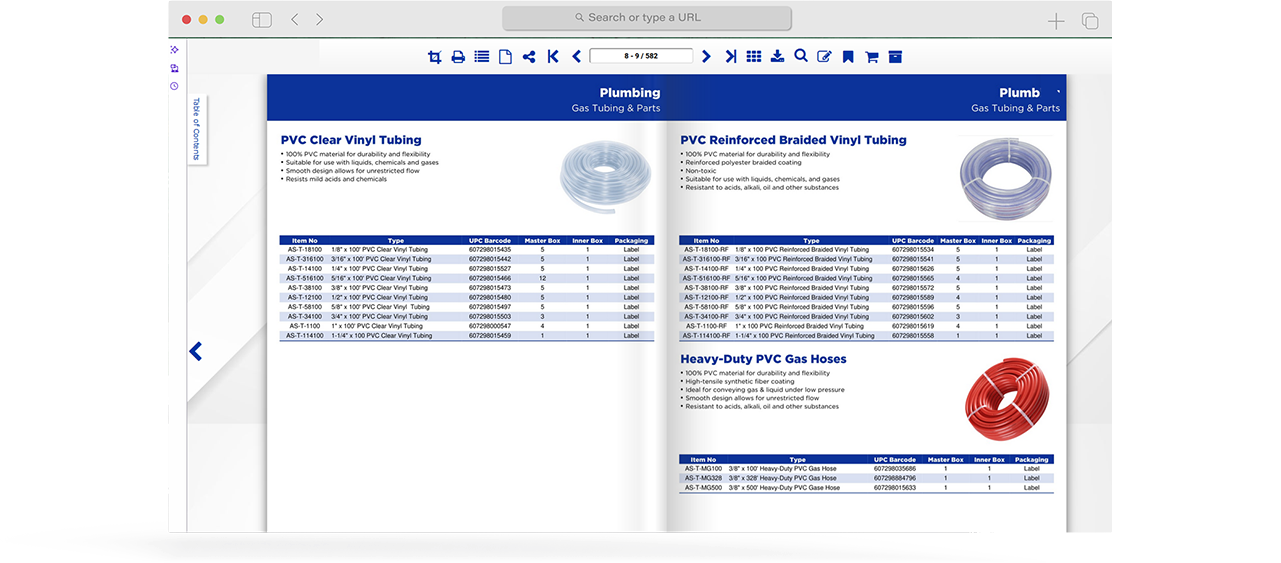 Group catalog template displaying product variations and technical specifications for plumbing and gas tubing.