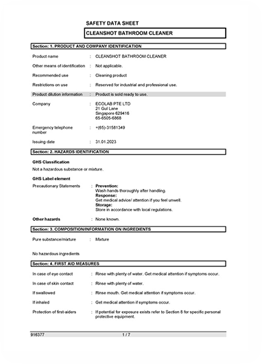 Sample safety data sheet template for a cleaning product, showing product identification, hazard classification, and first aid measures