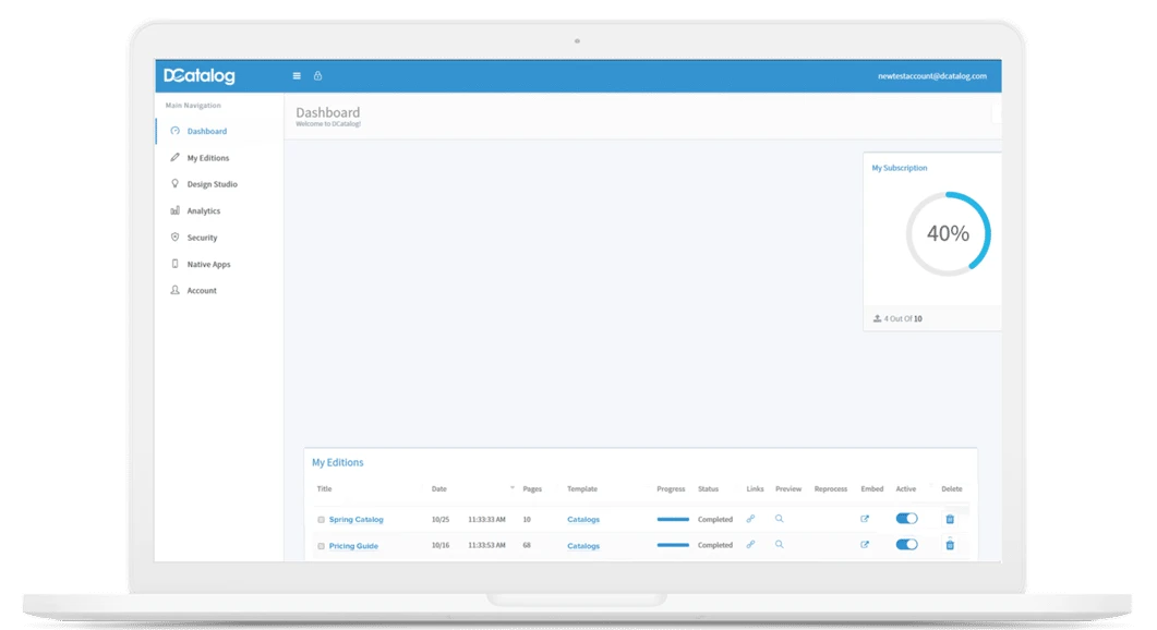 dashboard overview of Dcatalog platform