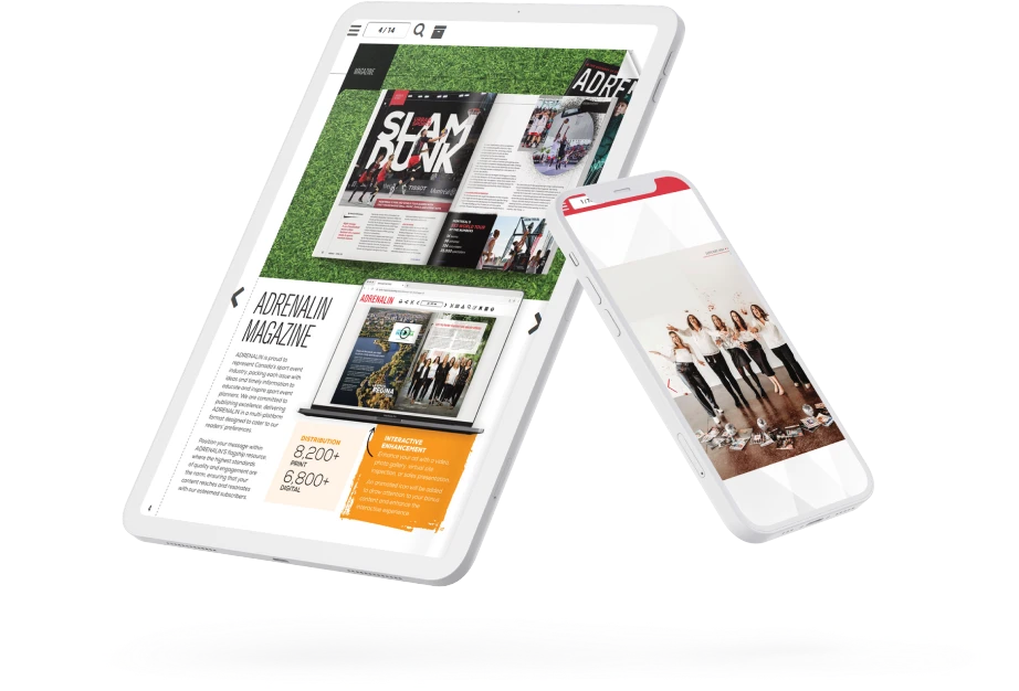 adrenalin digital magazine editions rendered on a tablet and a smartphone to showcase mobile responsiveness