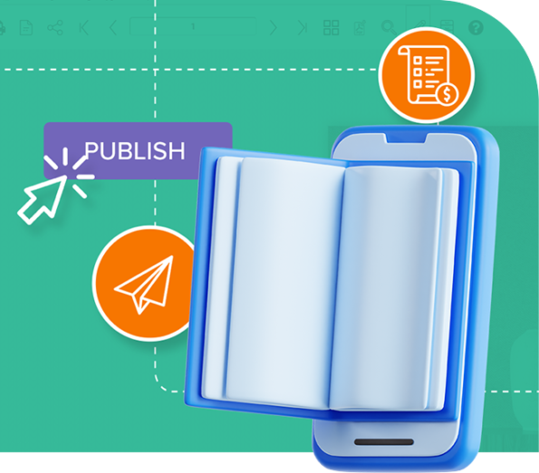 Open digital flipbook on mobile with publish and send icons, representing shareable price list output