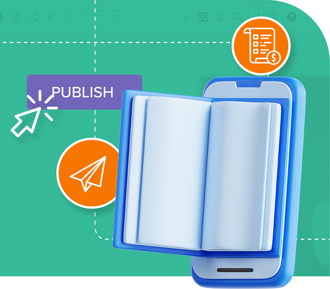 Open digital flipbook on mobile with publish and send icons, representing shareable price list output