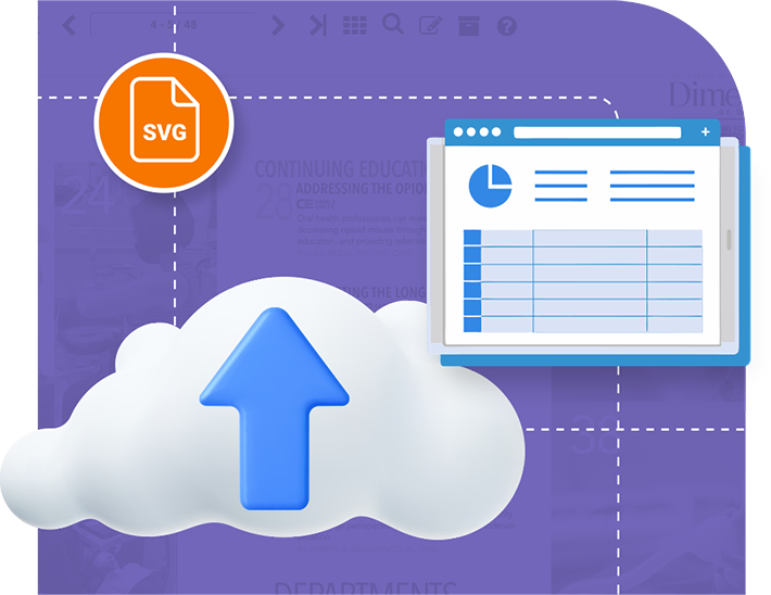 Cloud upload icon with spreadsheet and SVG file, representing product data import for price lists